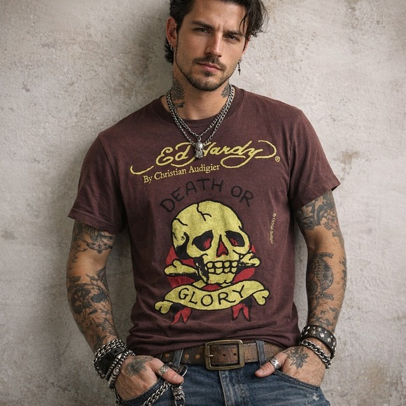 Ed Hardy Other - Ed Hardy Mens Y2K T Shirt Sz M Brown Death or Glory Skull Grunge Punk Retro